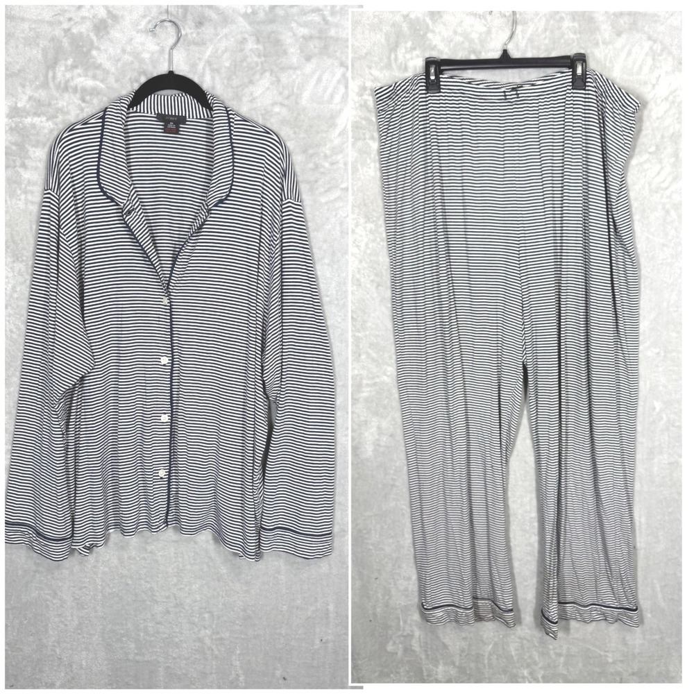 J Crew Pajama Set Plus Size 3X Sleepwear Top Pants Navy White Stripe